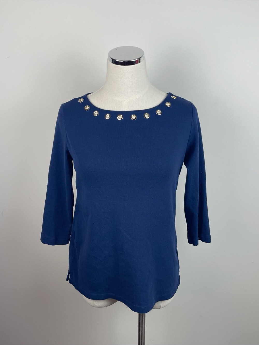 Jones New York Solid Navy Blue Gold Circle Embellished Top Women Medium